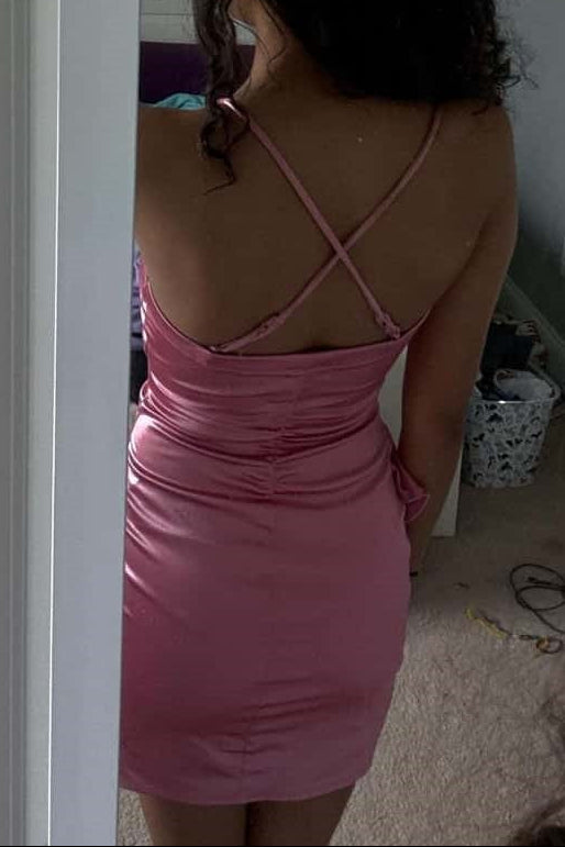 Satin Ruched Bodycon Mini Dress with Crisscross Back