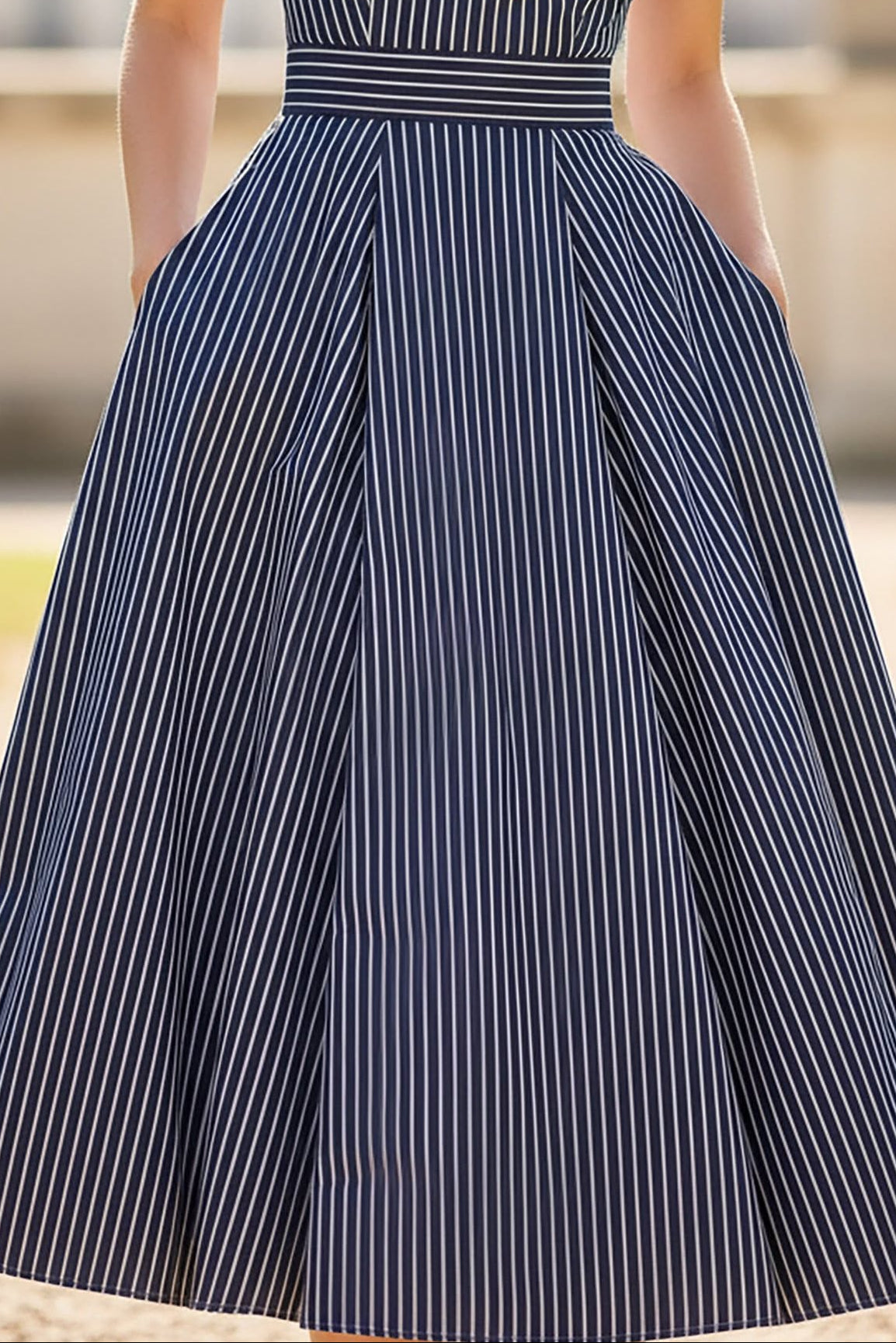 Sleeveless Striped A-Line Midi Dress with Bow