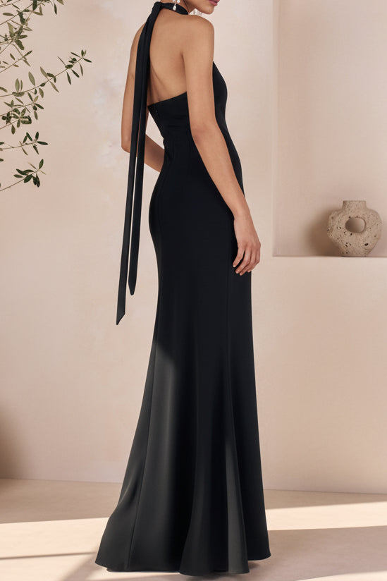 Twist Halter Neck Open Back Crepe Evening Gown