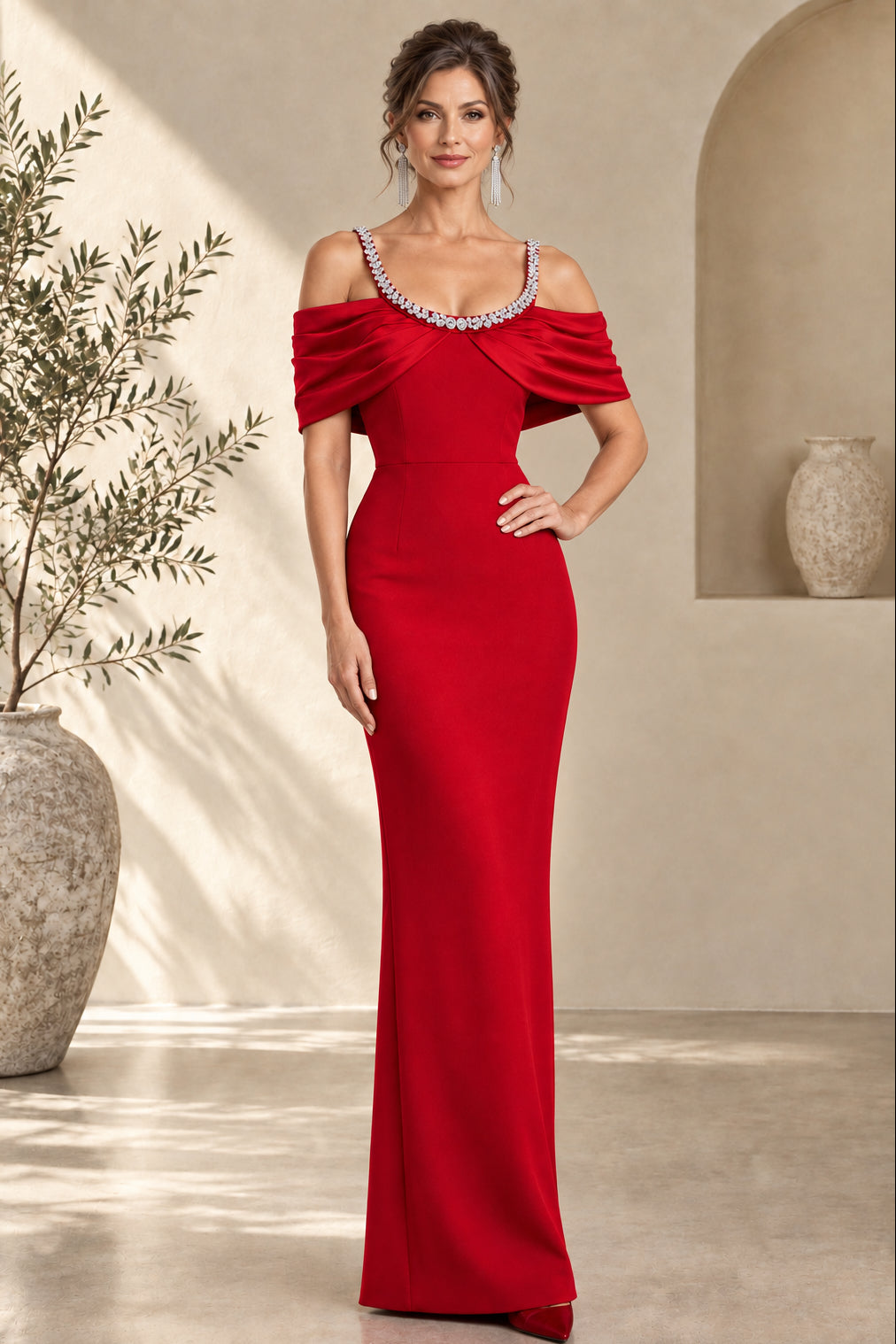 Embellished Strap Cold-Shoulder Evening Gown