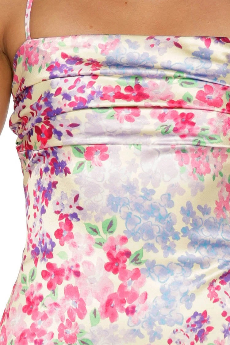 Floral Print Ruched Open Back Maxi Dress