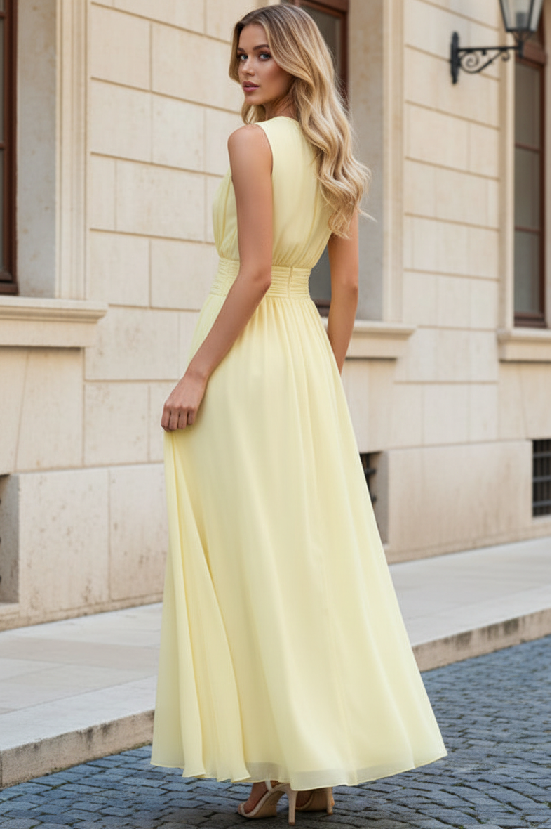 Sleeveless High-Neck Chiffon A-Line Dress with Ruched Waist