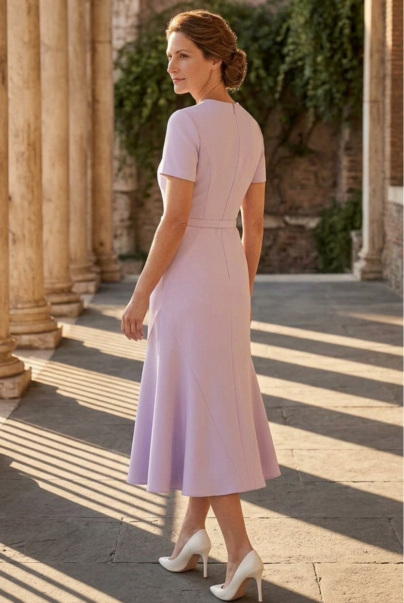 Belted Fluted Midi Dress with Short Sleeves