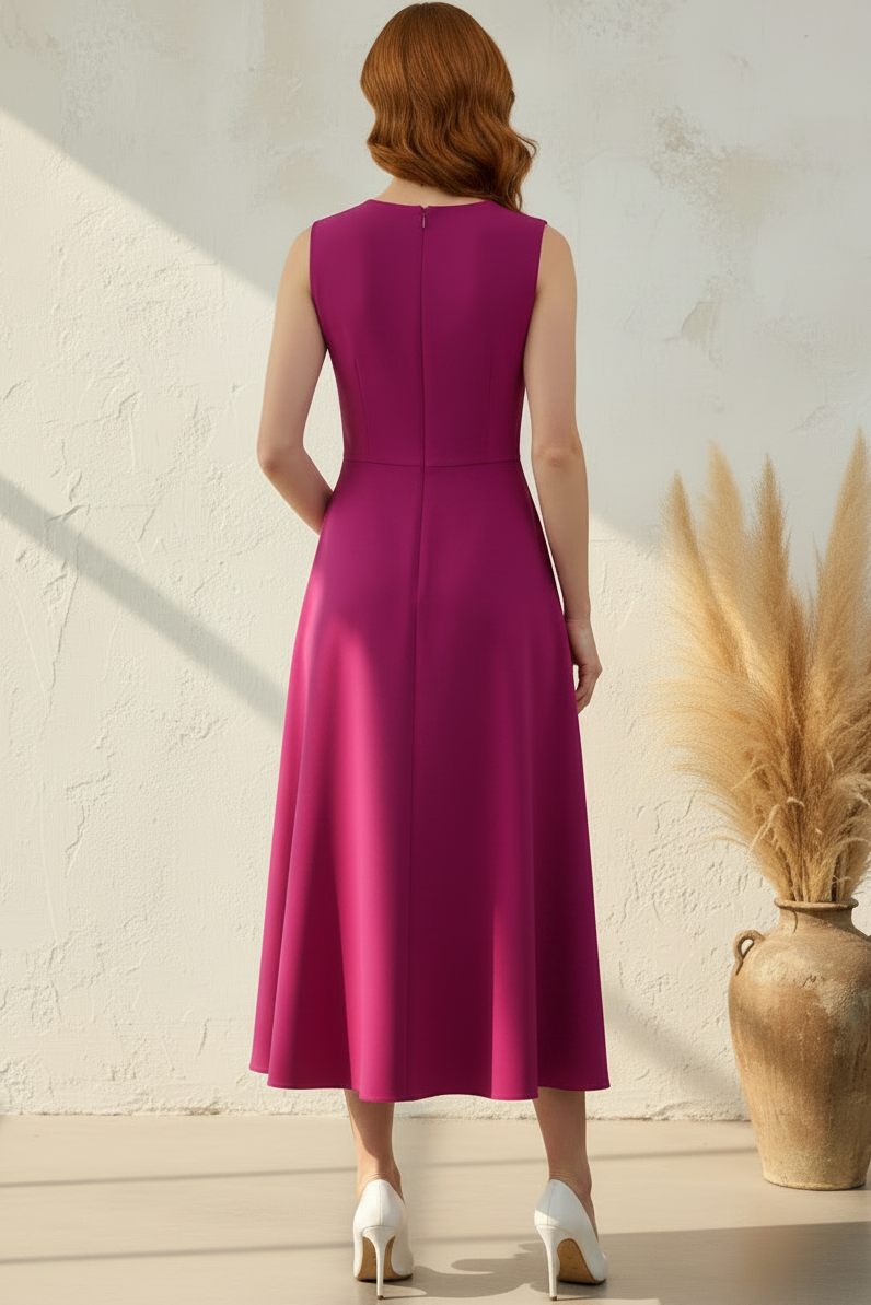 Sleeveless A-Line Midi Dress with Bow and Pockets