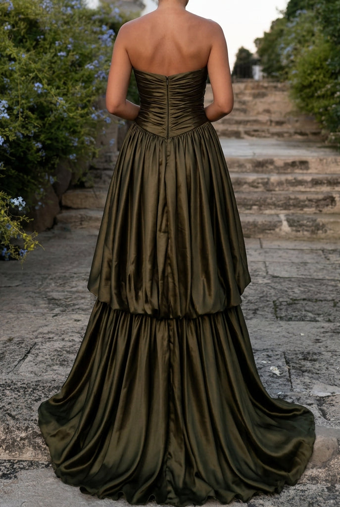 Strapless Ruched Bubble Hem Evening Gown