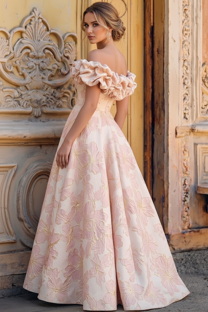 Off-the-Shoulder Ruffled Jacquard A-Line Dress
