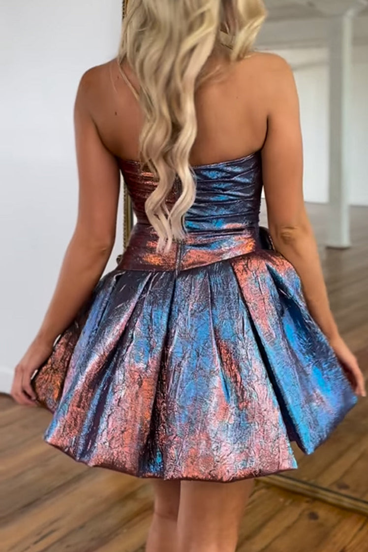 Strapless Bow-Front Metallic Pleated Mini Dress