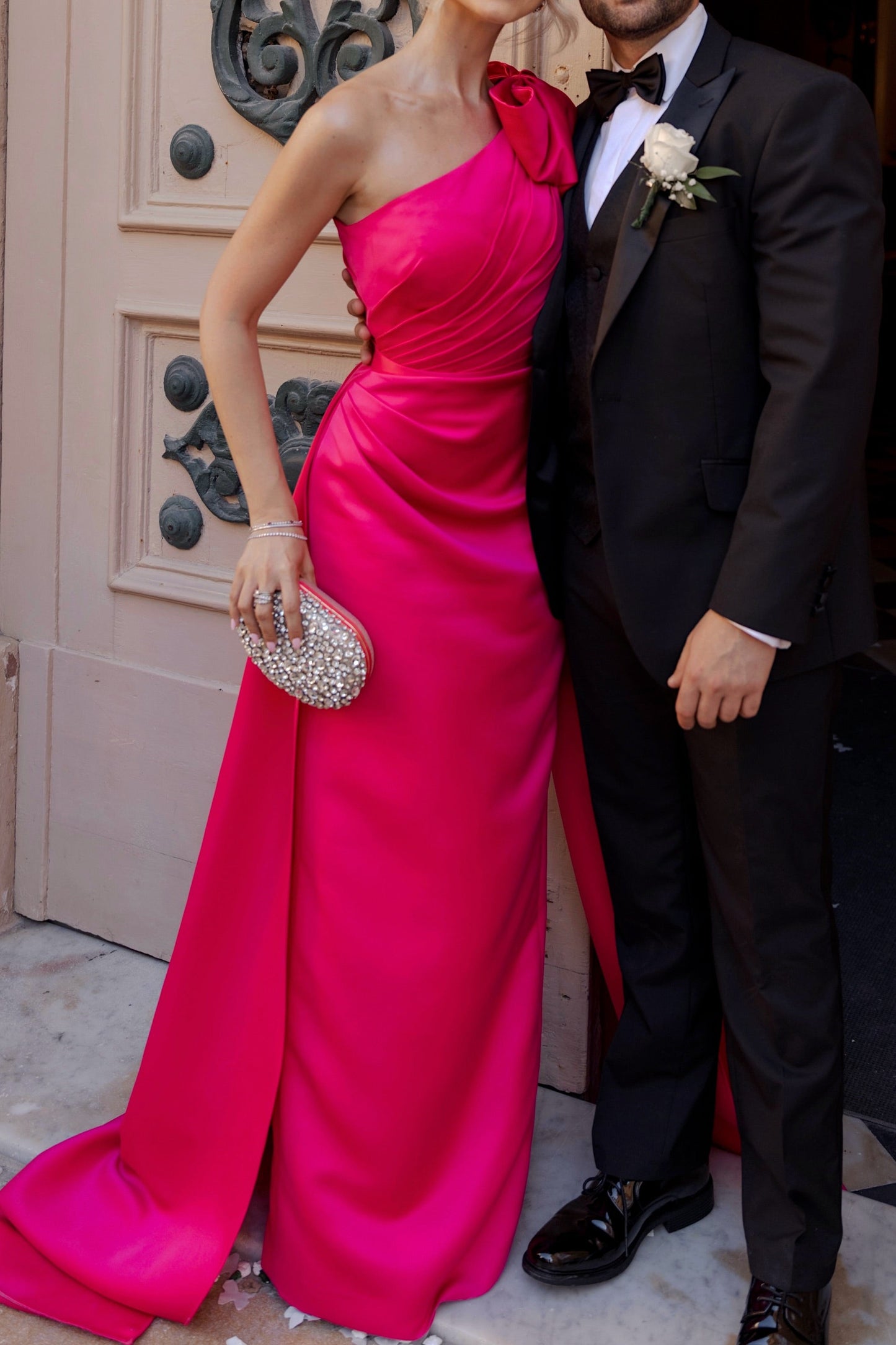 One-Shoulder Bow Satin Evening Gown with Slit