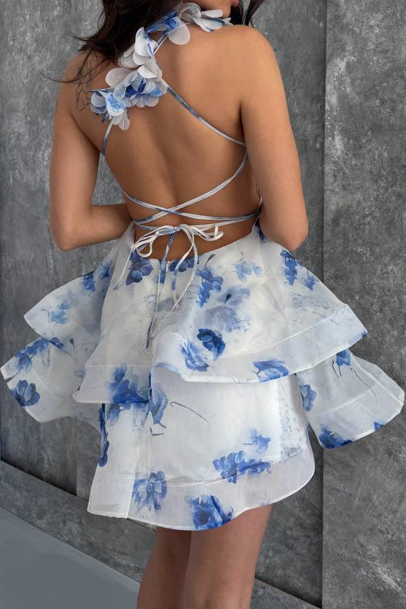 Tiered Floral Organza Mini Dress with 3D Flowers