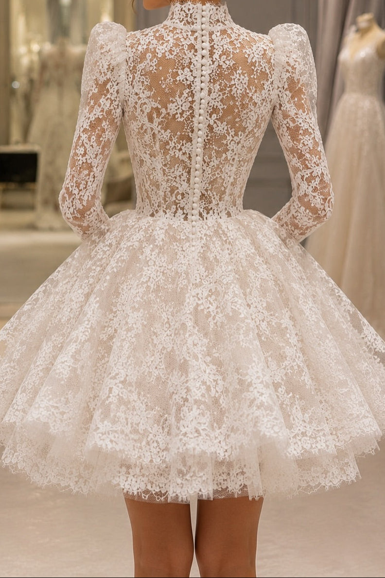 High-Neck Lace Mini Wedding Dress with Puff Sleeves