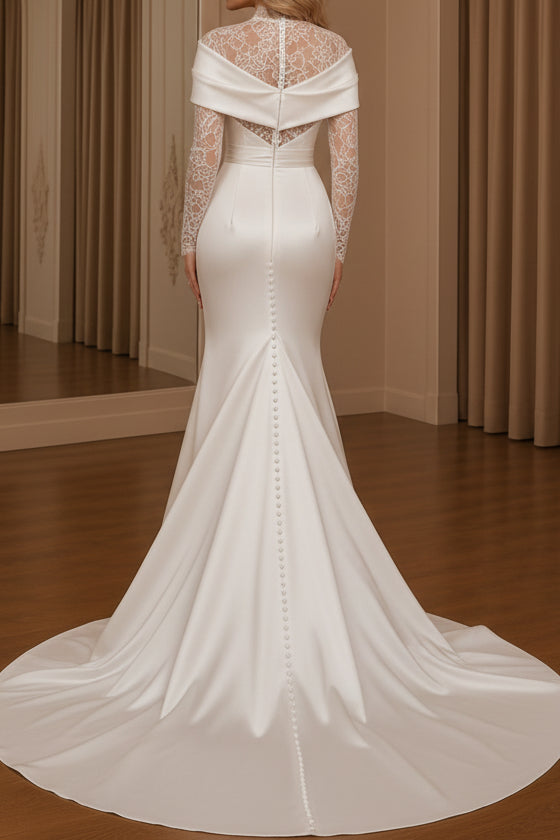 Off-Shoulder Wrap Bodice Mermaid Gown with Lace Sleeves