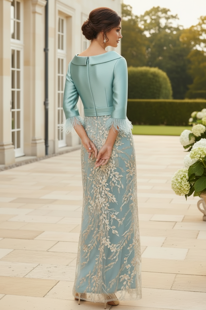 Foldover Neckline Feather-Cuff Embroidered Gown