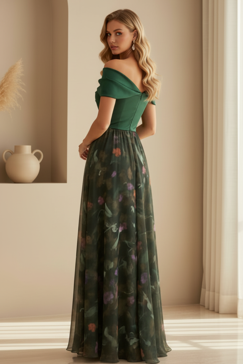 Twist Off-Shoulder Gown with Floral Slit Skirt