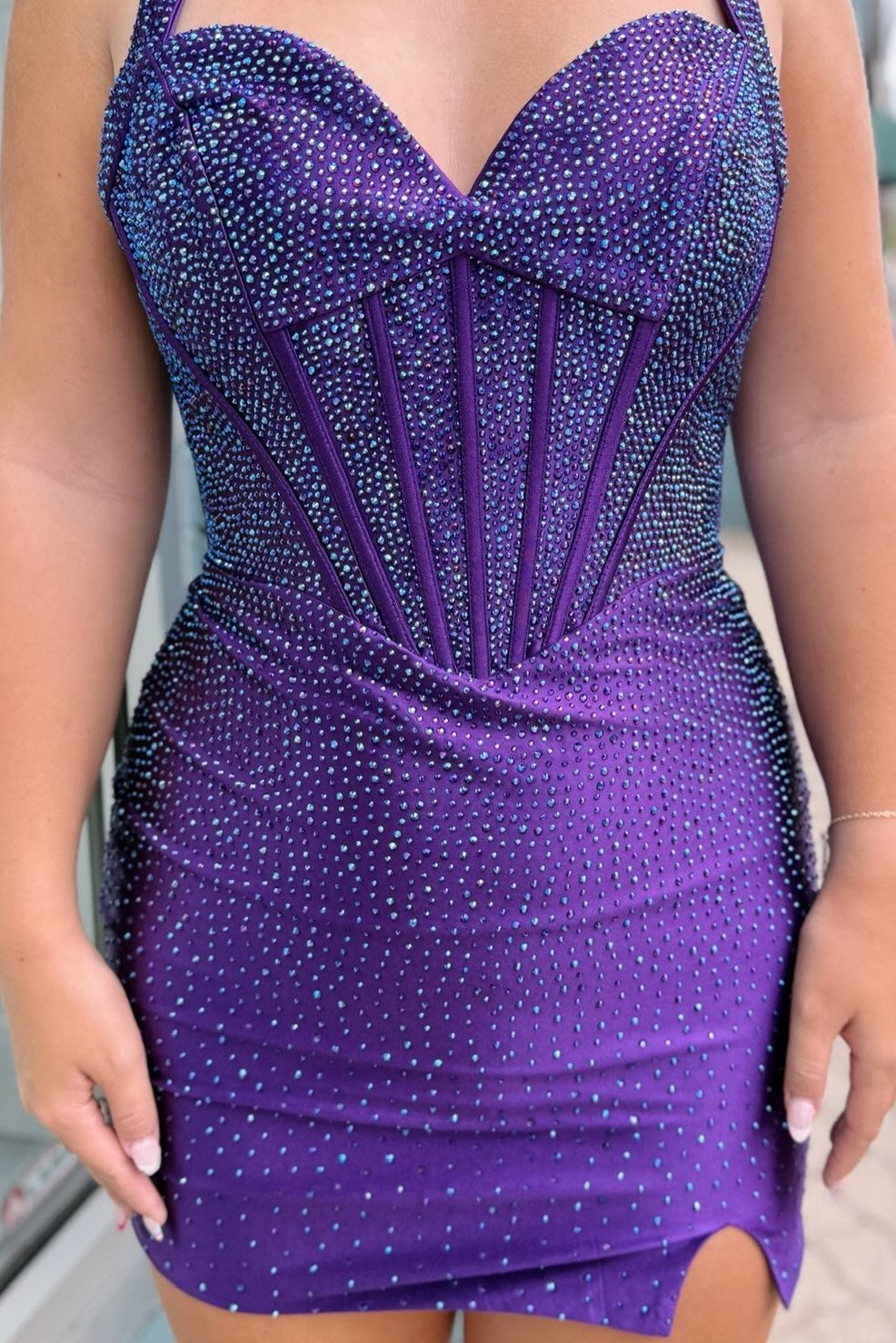 Rhinestone Corset Halter Mini Dress with Slit