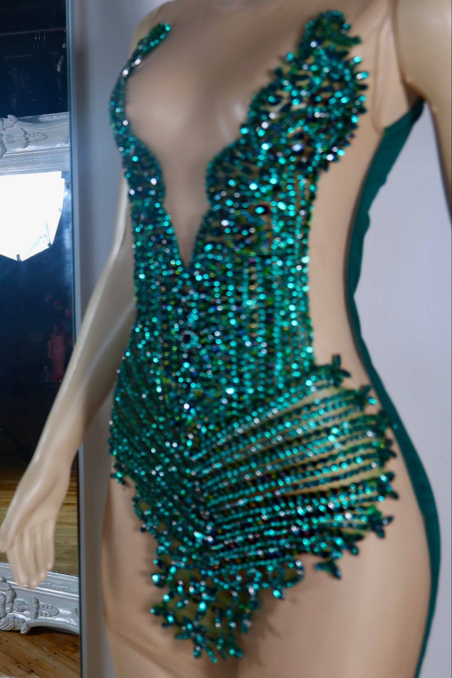 Illusion Mesh Beaded Bodycon Mini Dress