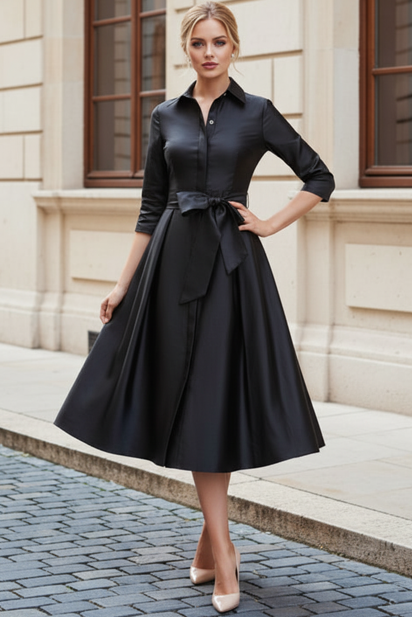 Elegant Pleated A-Line Midi Shirt Dress