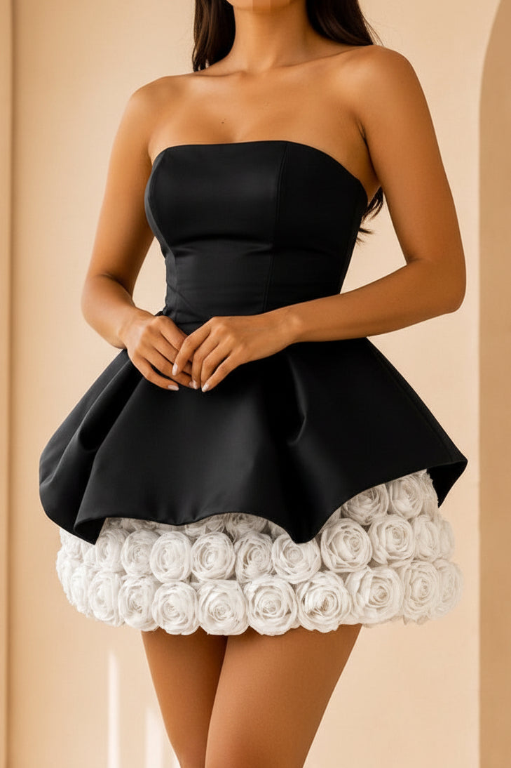 Strapless Tiered Mini Dress with 3D Rosette Skirt