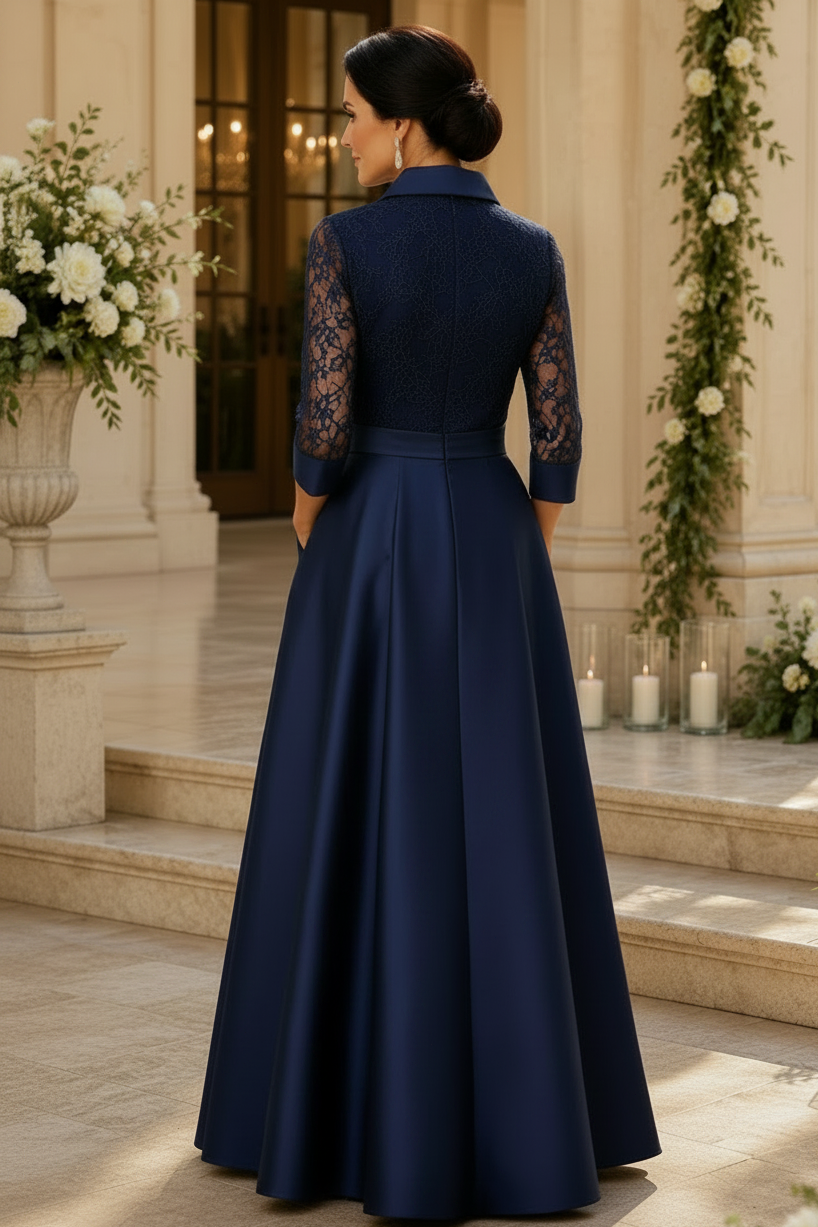 Collared Lace Bodice Gown with Asymmetric Drape