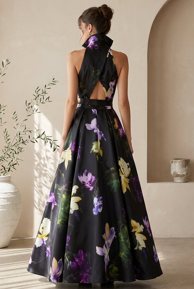 Collared Halter Floral A-Line Gown with Belt