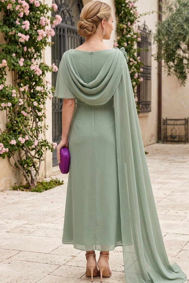 Asymmetric Chiffon Midi Dress with Shoulder Cape