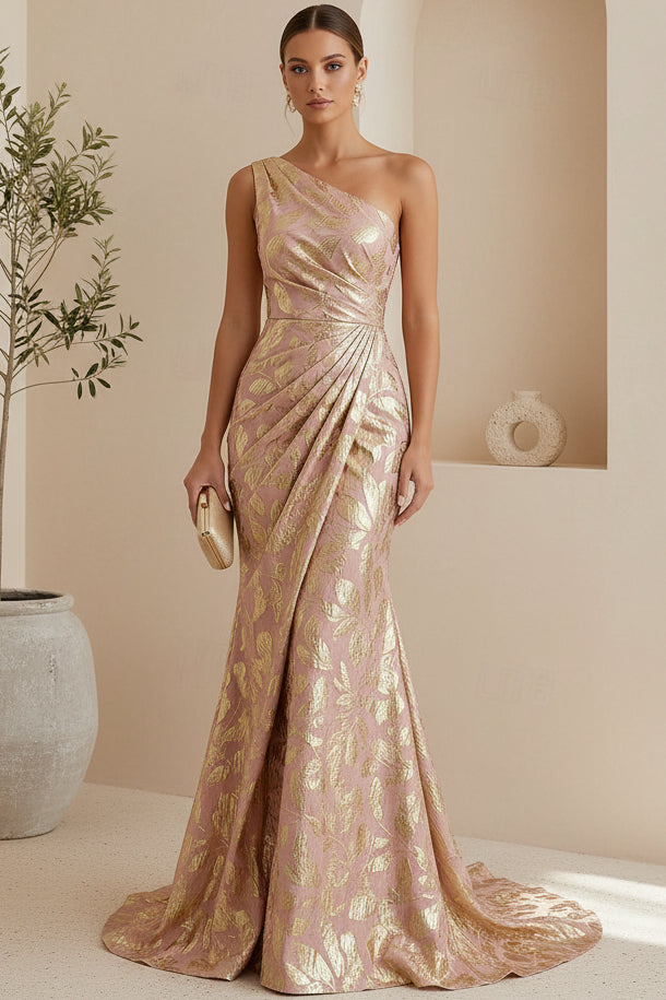 One-Shoulder Metallic Jacquard Mermaid Evening Gown – Laxag