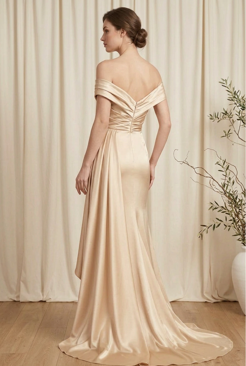 Off-Shoulder Asymmetrical Satin Gown with Side Drape