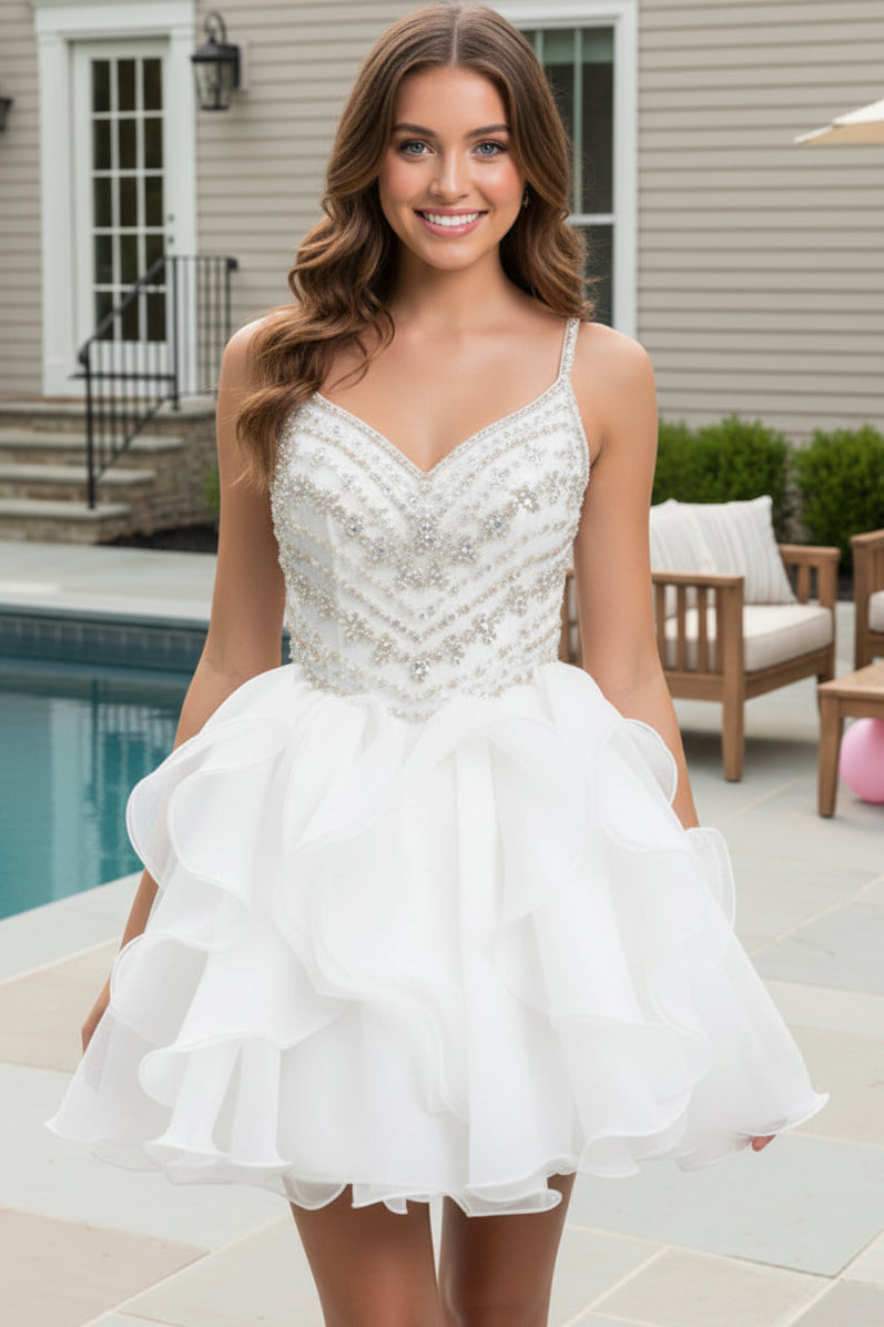 Beaded Sweetheart Ruffled Mini Dress