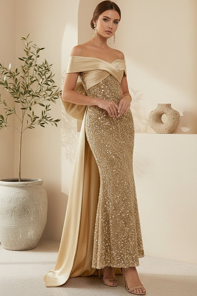 Off-Shoulder Sequin Evening Gown with Bow