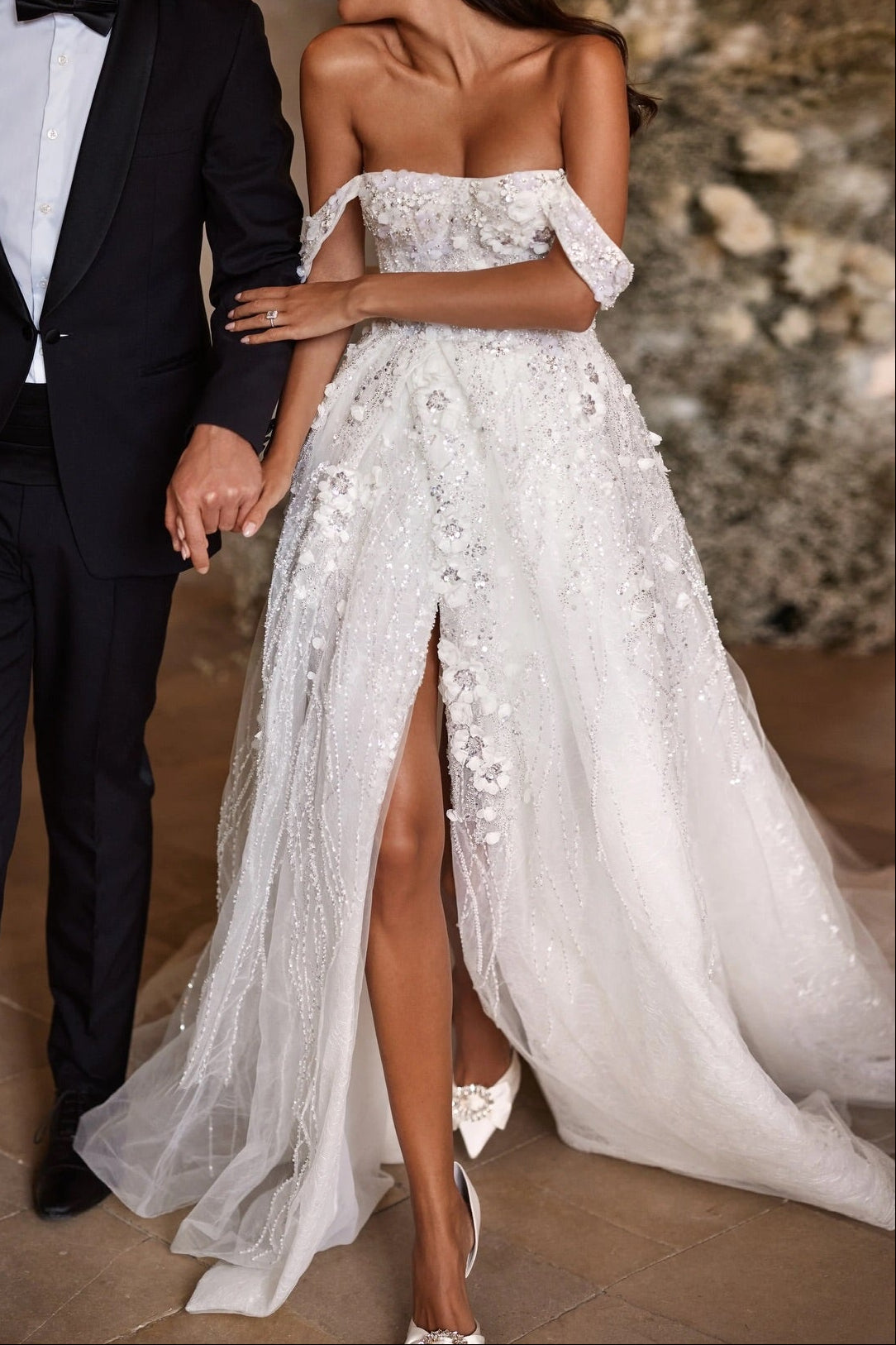 Off-Shoulder Corset A-Line Wedding Dress with Slit