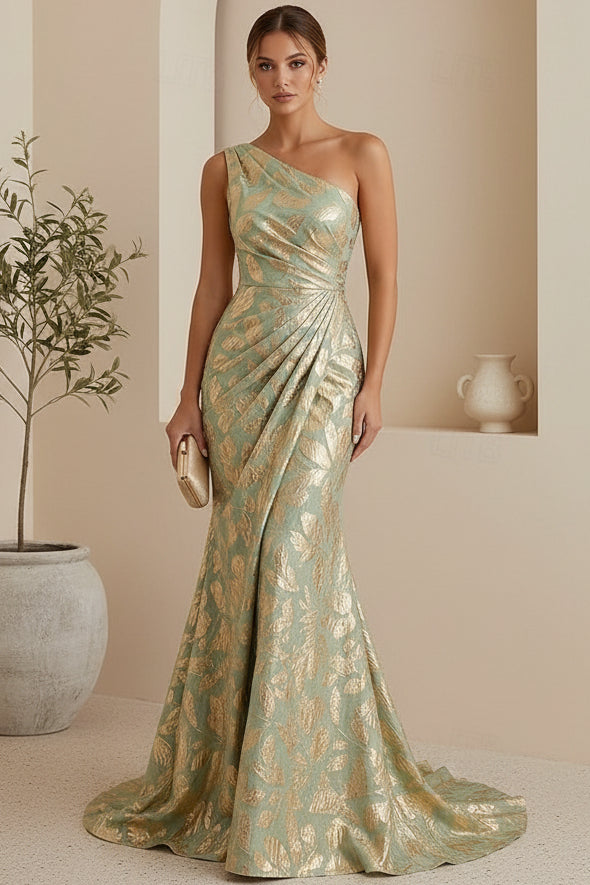 One-Shoulder Metallic Jacquard Mermaid Gown