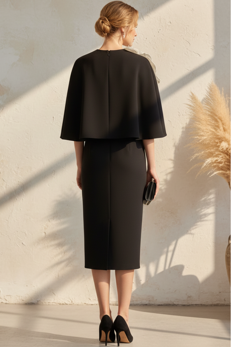 Cape Midi Sheath Dress with 3D Flowers