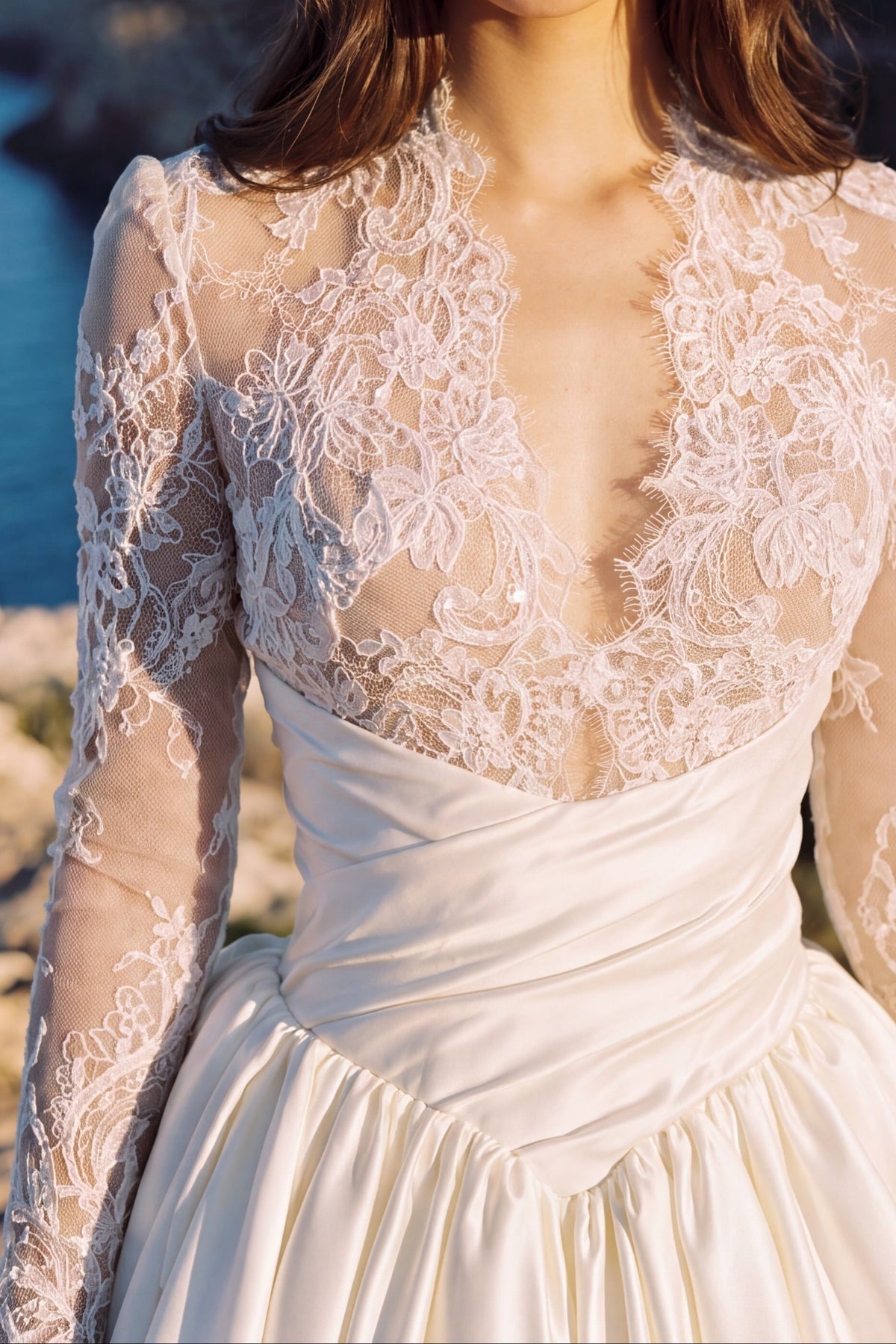 Lace Long Sleeve Pleated Satin Ball Gown