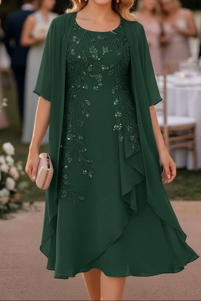 Sequin Embroidered Chiffon Dress with Cape Jacket Set