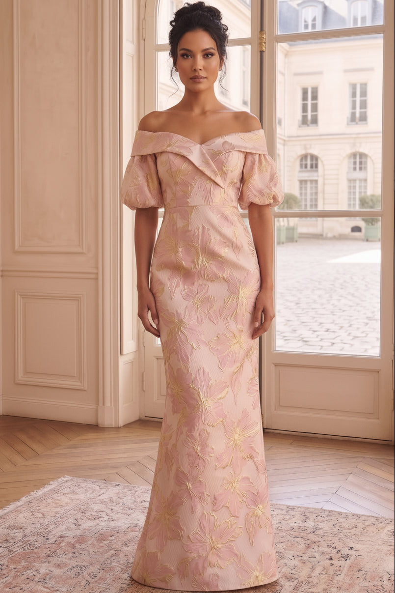 Off-the-Shoulder Floral Jacquard Column Maxi Dress