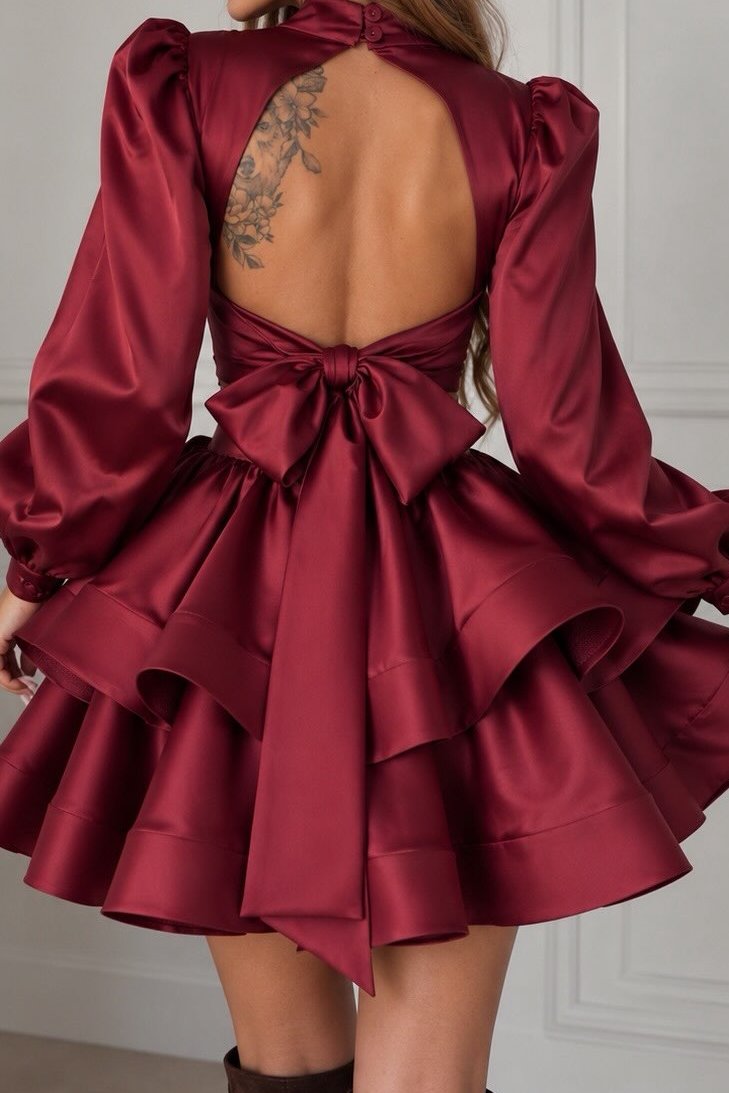 Tiered Satin Mini Dress with Keyhole & Bow