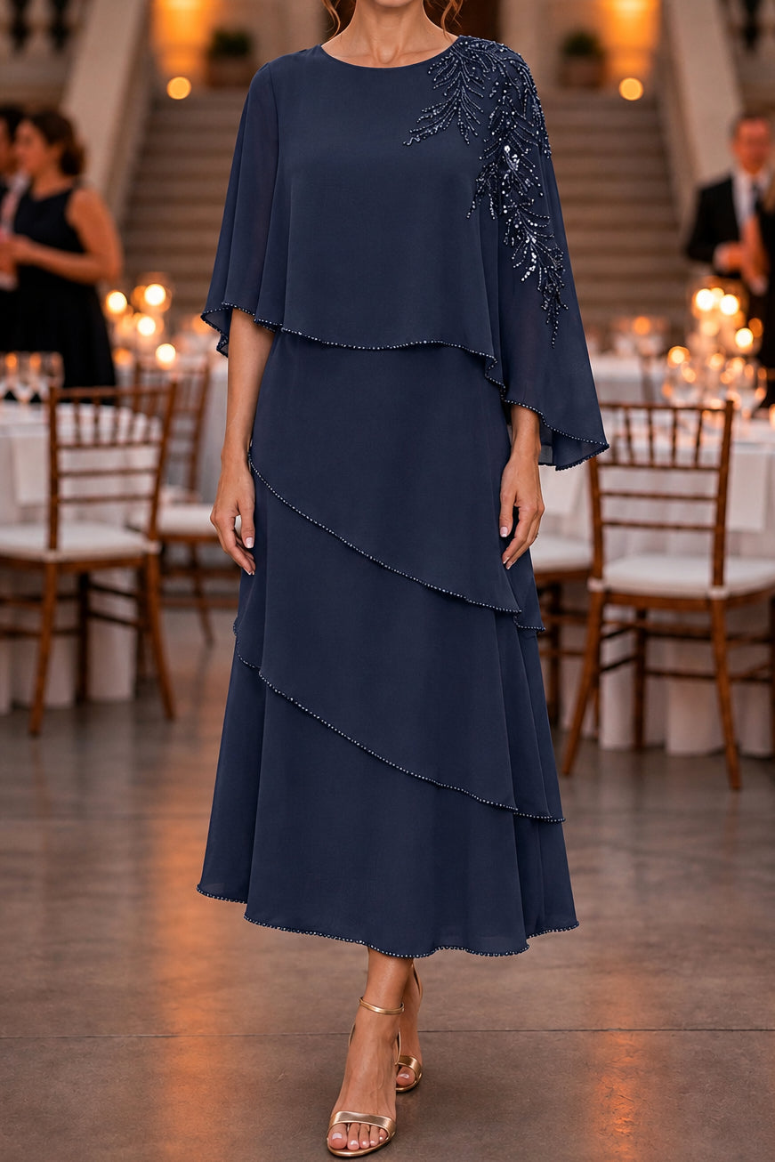 Tiered Midi Dress with Beaded Capelet Overlay