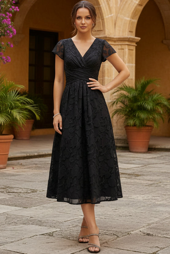 Textured Floral V-Neck A-Line Midi Dress