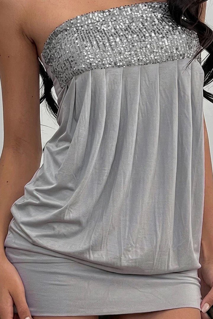Strapless Sequin Trim Bubble Hem Mini Dress