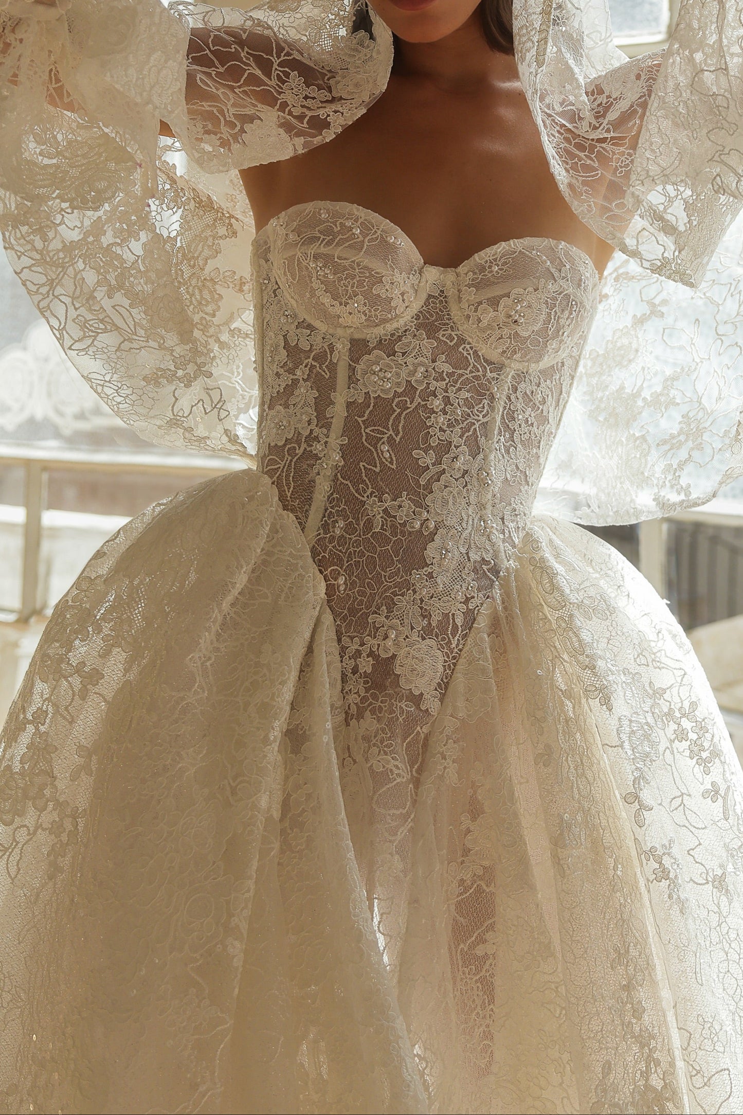Strapless Sweetheart Lace Corset Ball Gown Wedding Dress
