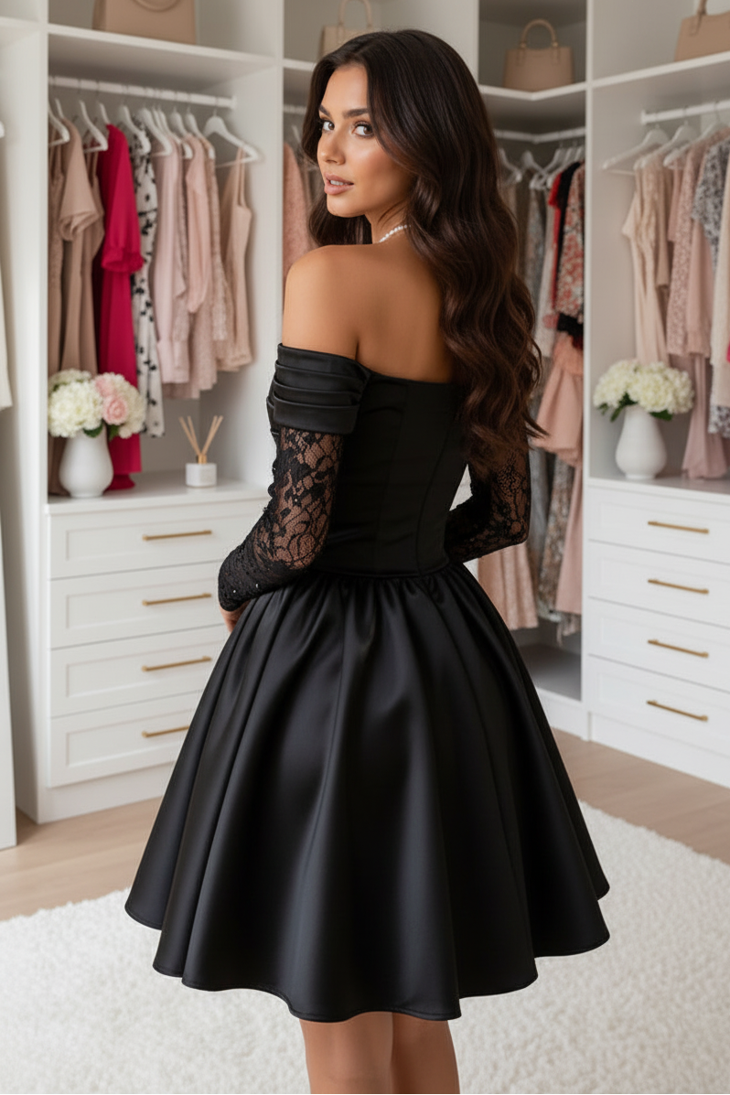 Off-the-Shoulder Satin Mini Dress with Lace Sleeves