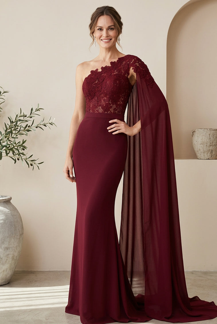 One-Shoulder Lace Bodice Gown with Cape