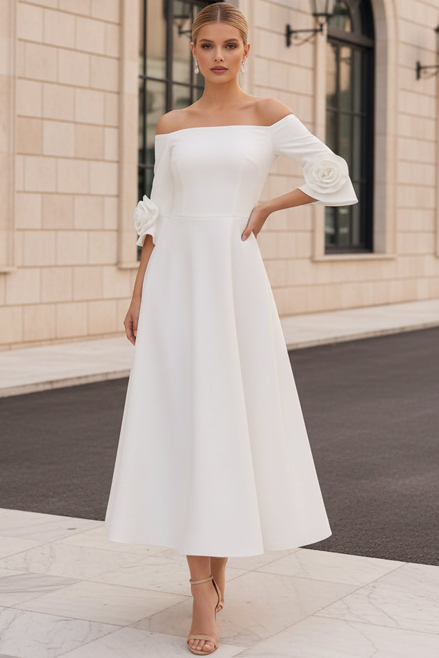 Off-the-Shoulder A-Line Midi Dress with 3D Flowers