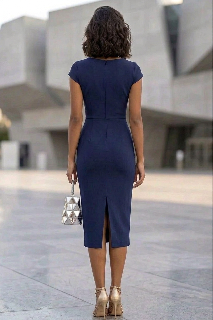 Floral Applique Cap Sleeve Midi Sheath Dress