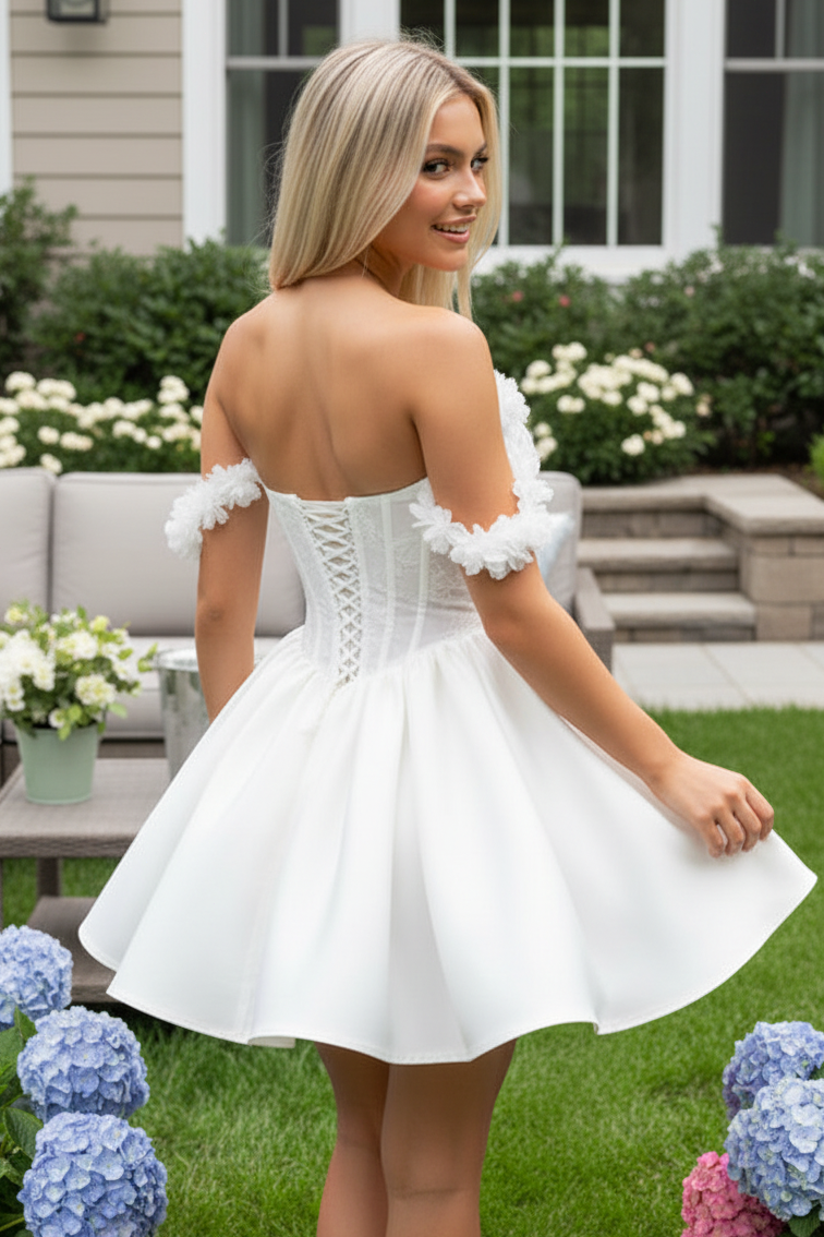 Off-Shoulder 3D Floral Corset Mini Dress, Full Satin Skirt