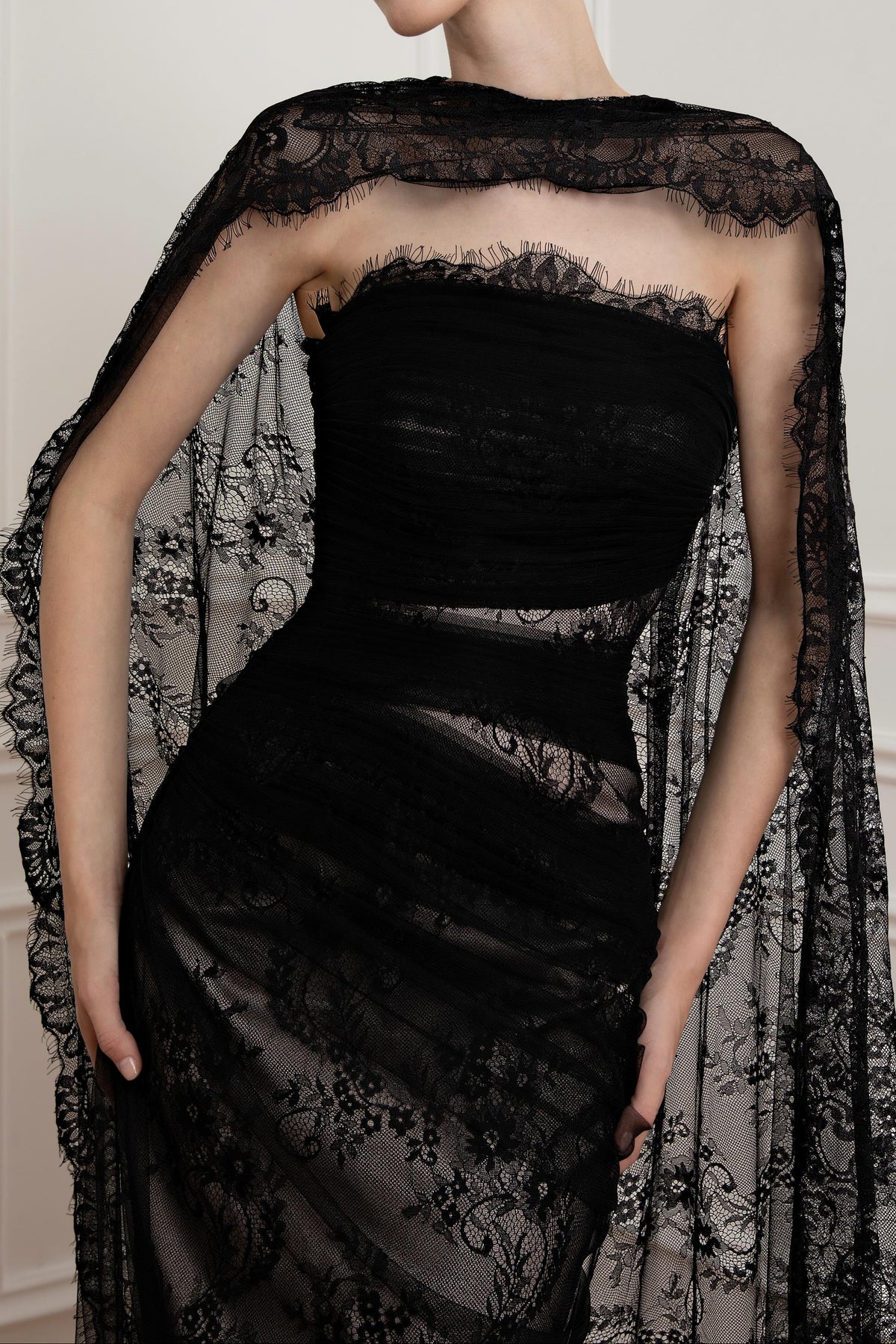 Strapless Lace Evening Gown with Cape