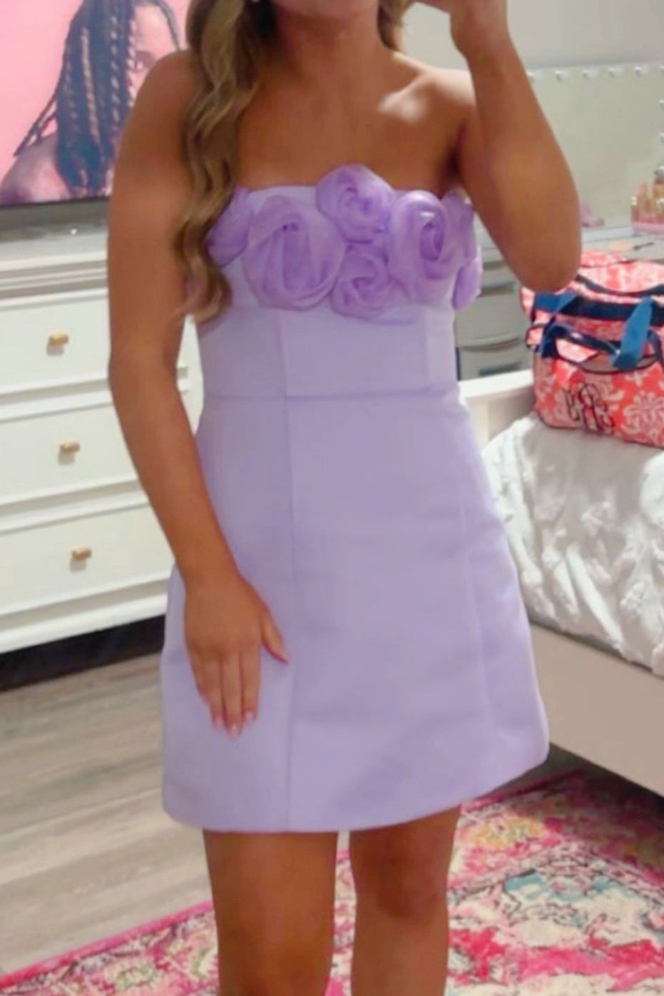 Strapless Rosette Appliqué Mini Dress