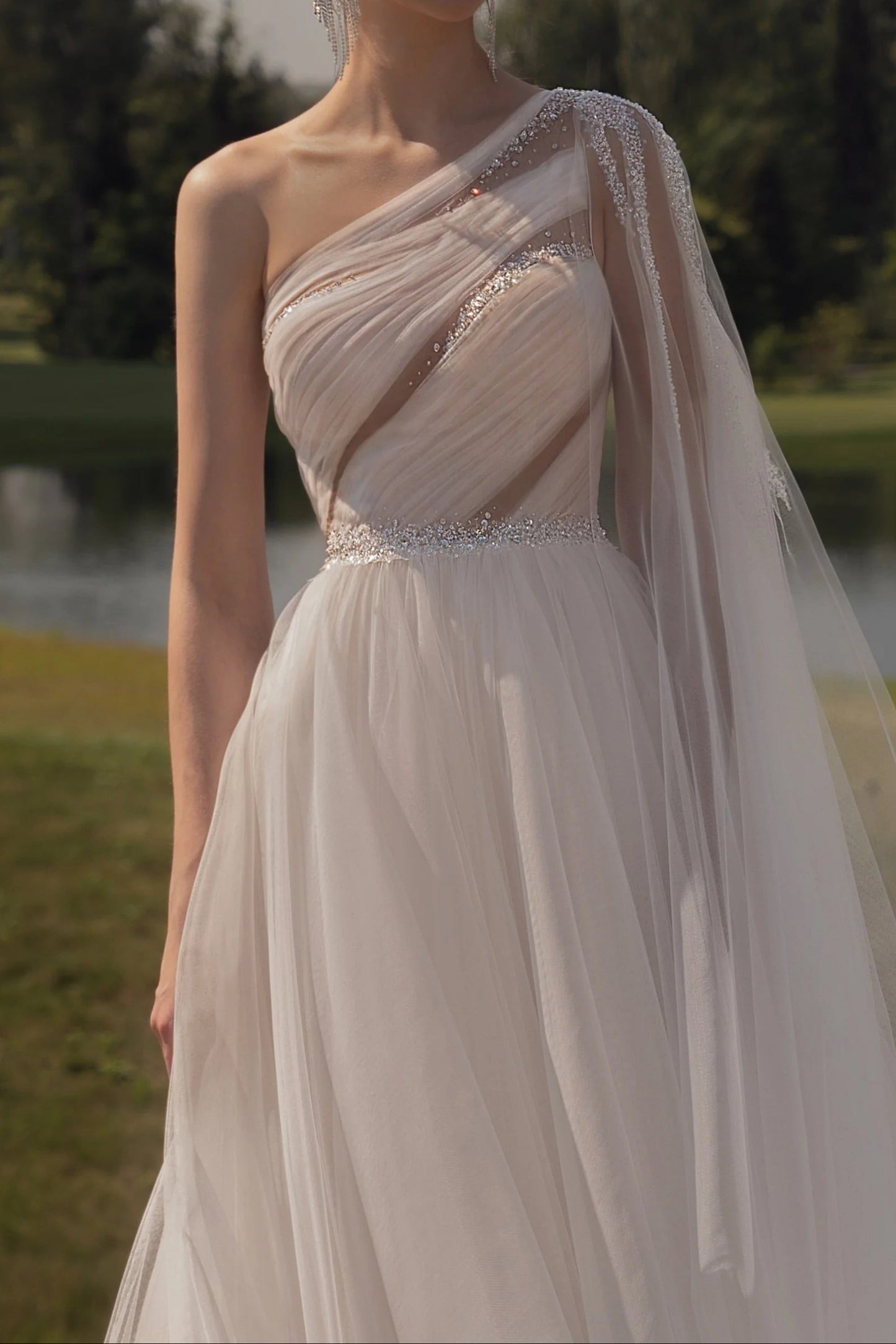 One Shoulder Draped Tulle Wedding Gown with Cape Sleeve