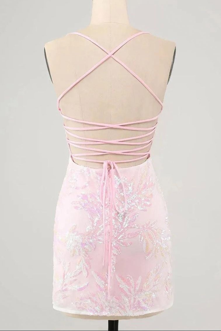 Sequined Mini Dress with Crisscross Lace-Up Back