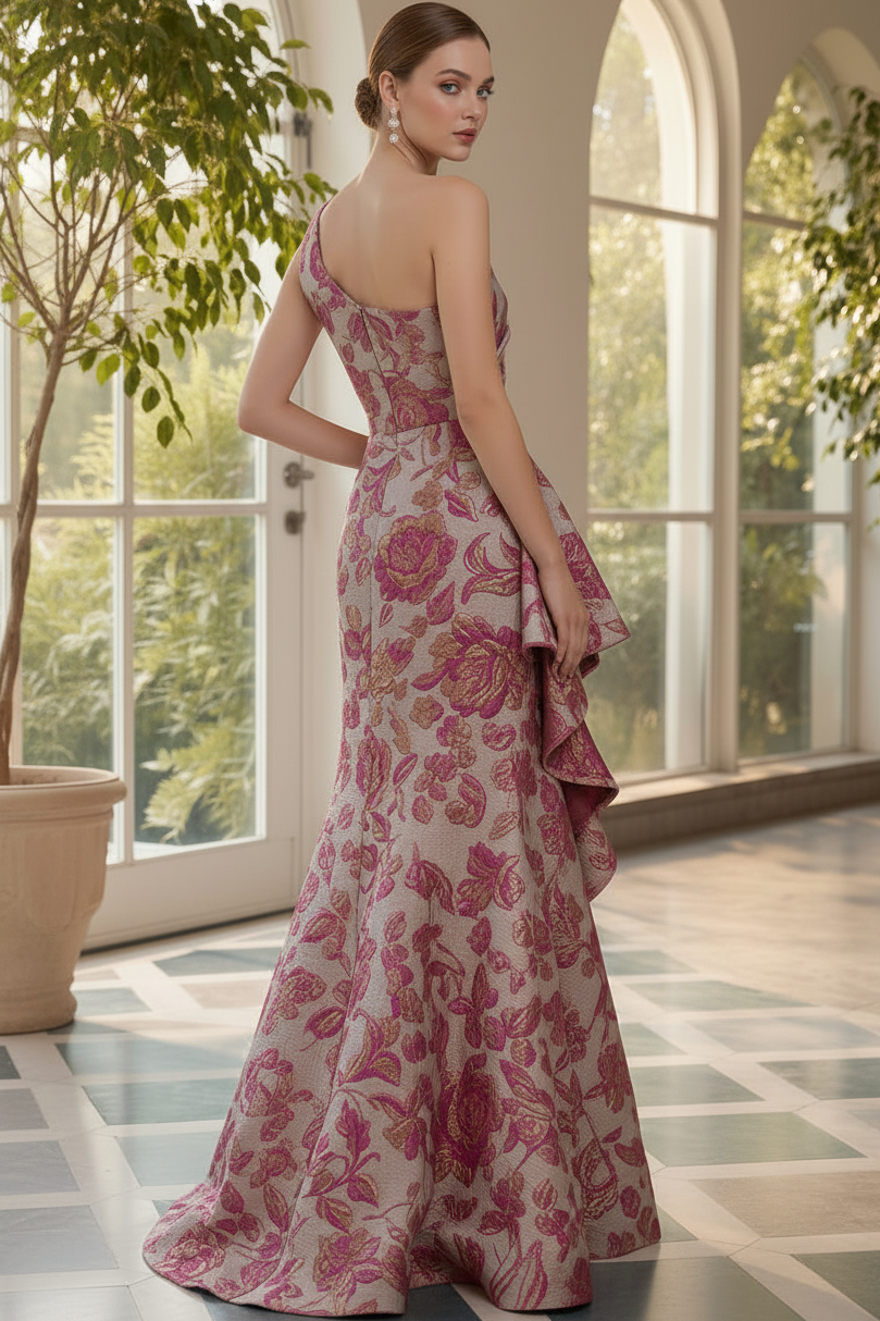 One-Shoulder Metallic Jacquard Evening Gown
