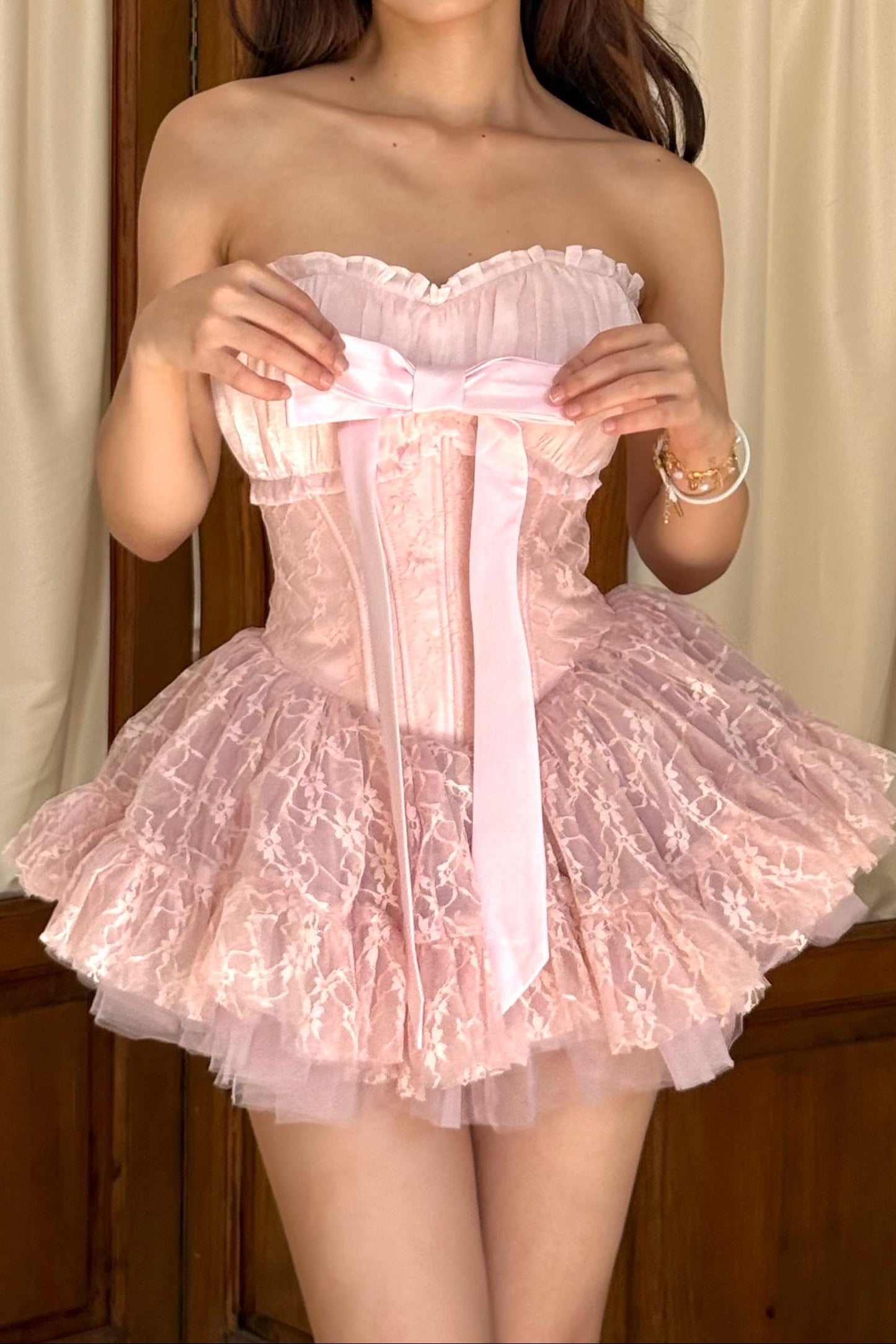 Strapless Corset Mini Dress with Bow and Tiered Tulle Skirt